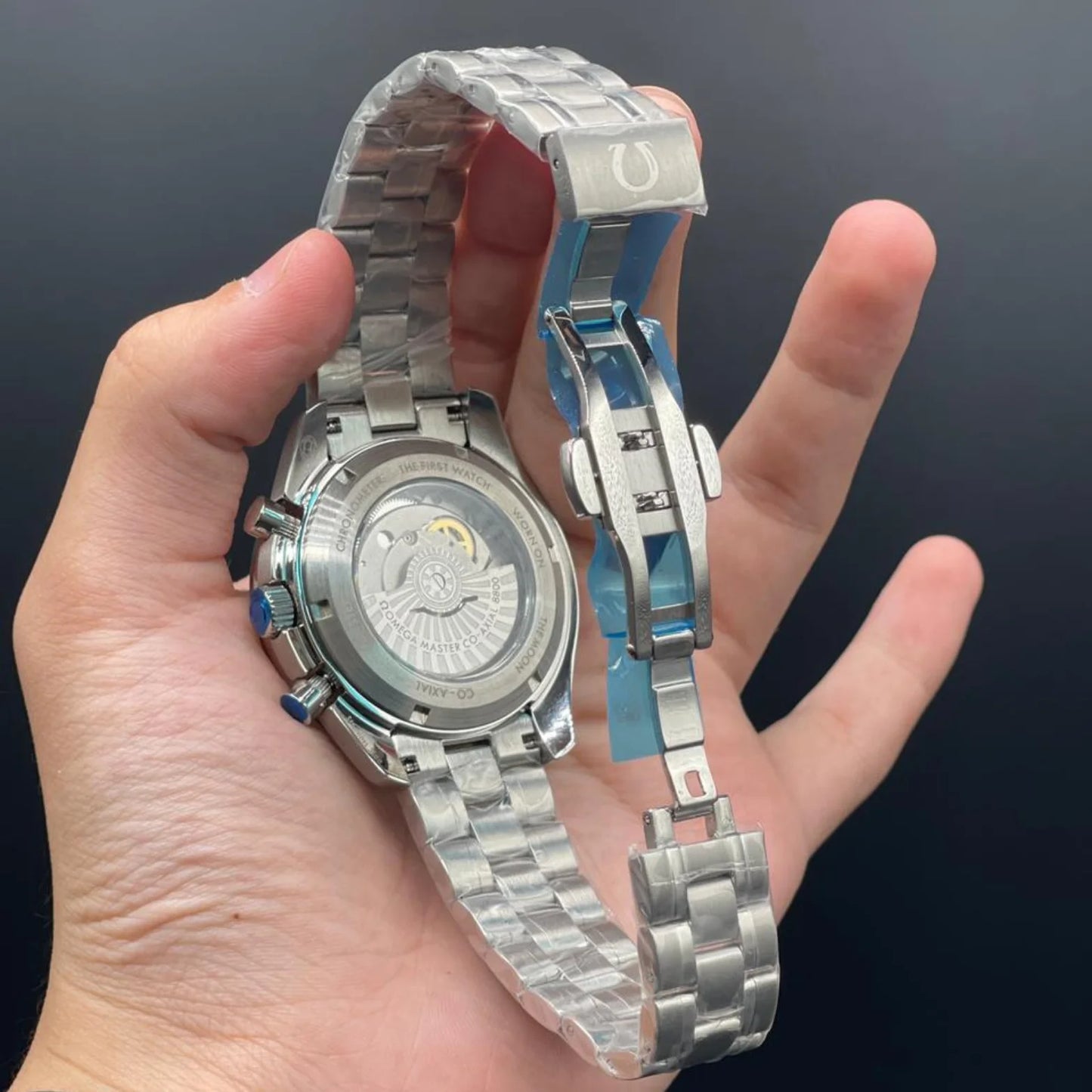 OM Silver Chain With Black Chronograph Dial Automatic Watch