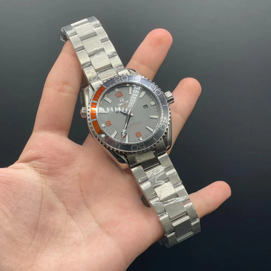 OM Silver Chain With Gray Dial And Rotatable Bezel Automatic Watch
