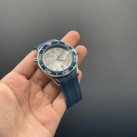 OM Blue Strap With Gray Dial And Blue Rotatable Bezel Automatic Watch