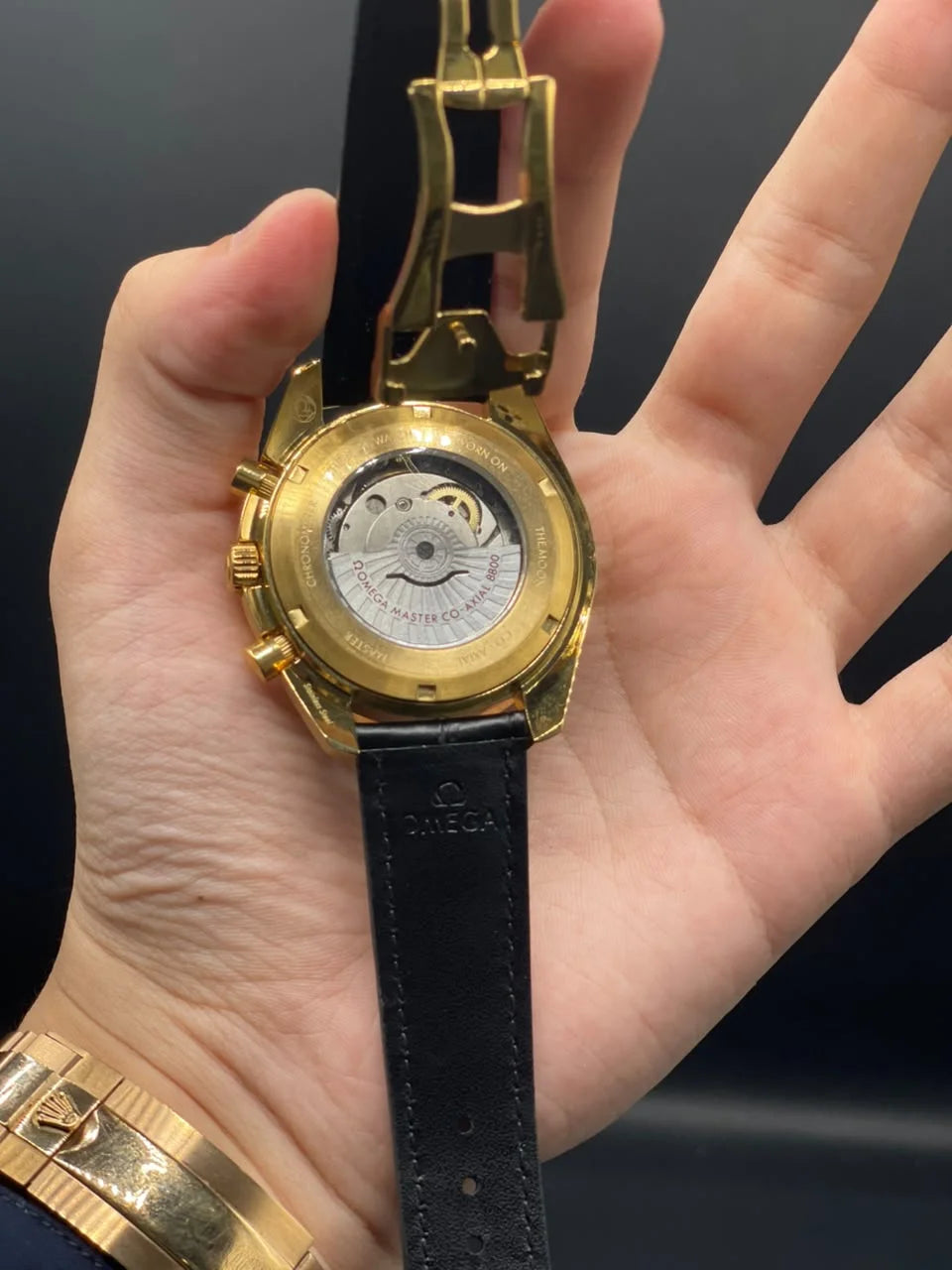 OM Black Strap With White Chronograph Dial And Golden Bezel Automatic Watch