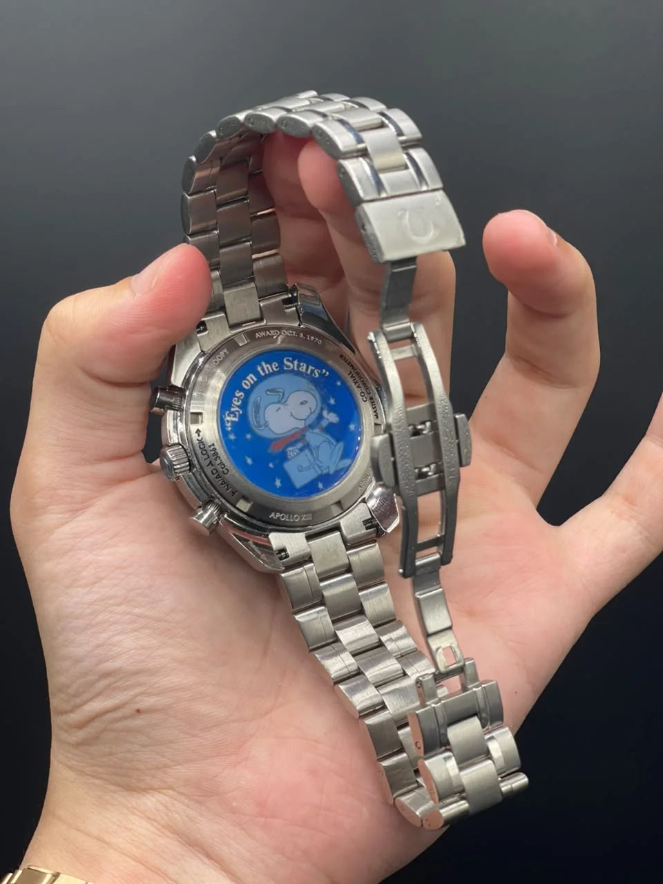 OM Silver Chain With Black Chronograph Dial Snoopy Edition Automatic Watch