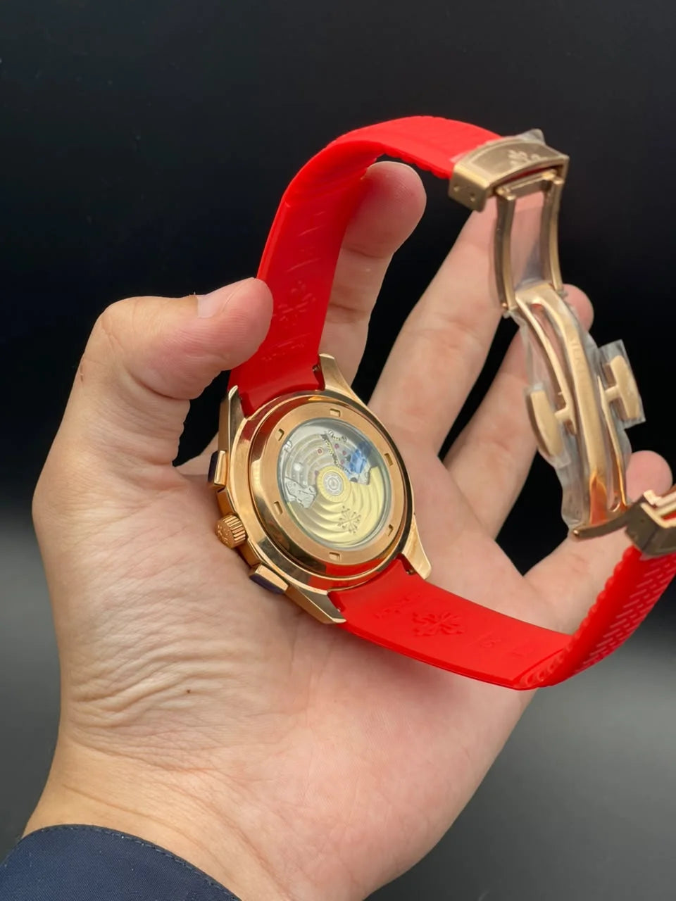 PP Red Rubber Strap With Red Dial And Golden Bezel Automatic Watch