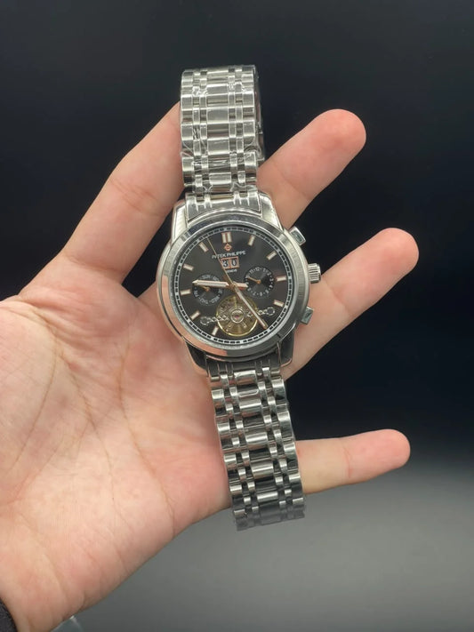 PP Silver Chain With Black Chronograph Open Heart Dial Automatic Watch