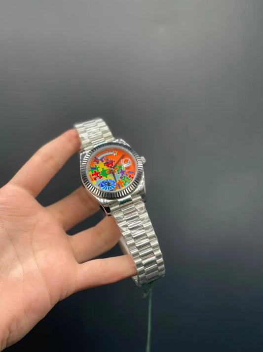 RLX Silver Presidential Chain With Puzzle Day-Date Dial Automatic Watch