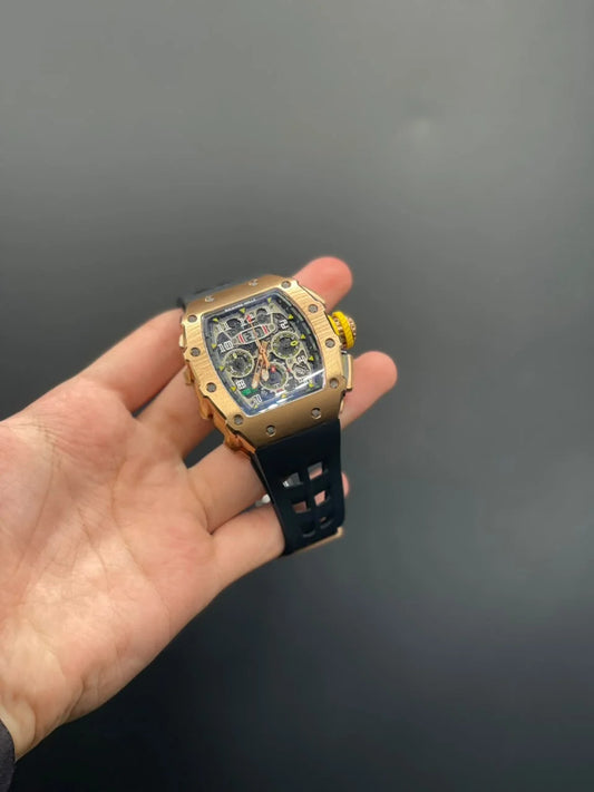 RM Black Strap With Silver Chronograph Dial With Rose Gold Bezel Quartz Watch