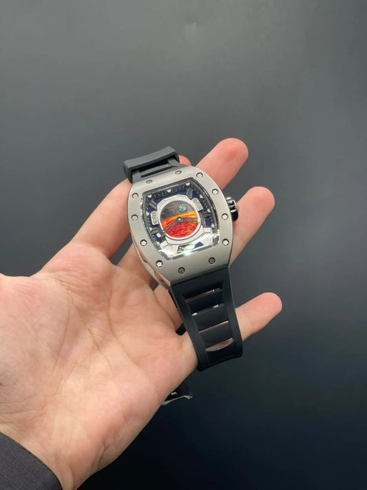 RM Black Strap With White And Red Dial With Silver Matte Bezel Automatic Watch
