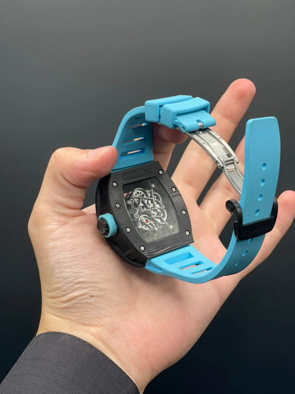 RM Tiffany Strap With Skeleton Black Dial And Black Bezel Automatic Watch