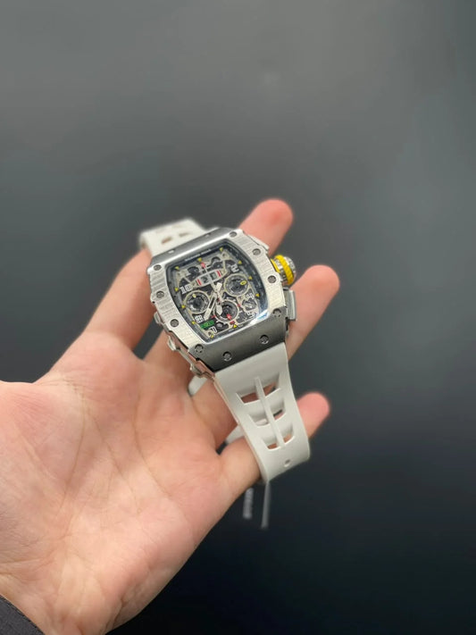 RM White Strap With Black Chronograph Dial With Silver Bezel Quartz Watch