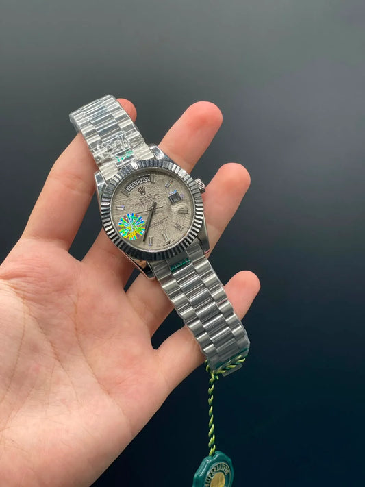 RLX Silver Presidential Chain With Meteorite Day-Date Dial Automatic Watch