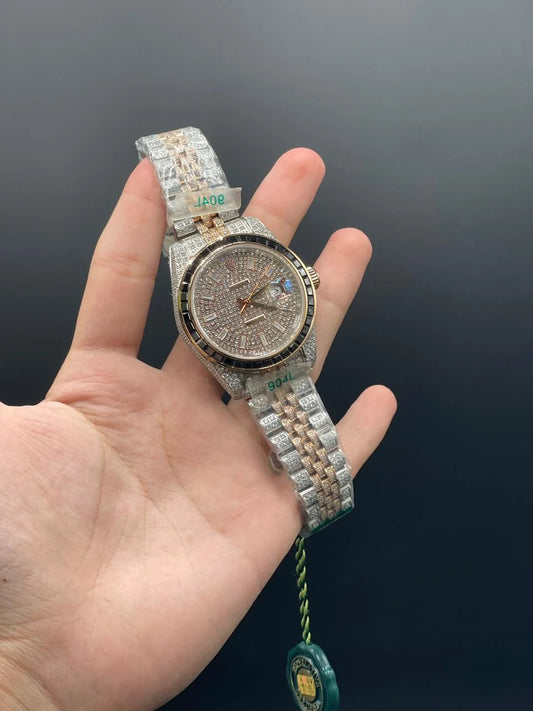 RLX Two Tone Jubilee Chain With Gold And Black Dial Fully Diamond Covered Automatic Watch