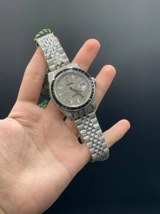 RLX Silver Jubilee Chain With White And Black Diamond Covered Dial Automatic Watch