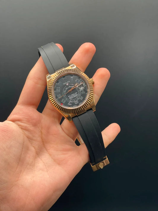 RLX Black Oysterflex Band With Black And Rose Gold Dial Sky-Dweller Style Automatic Watch