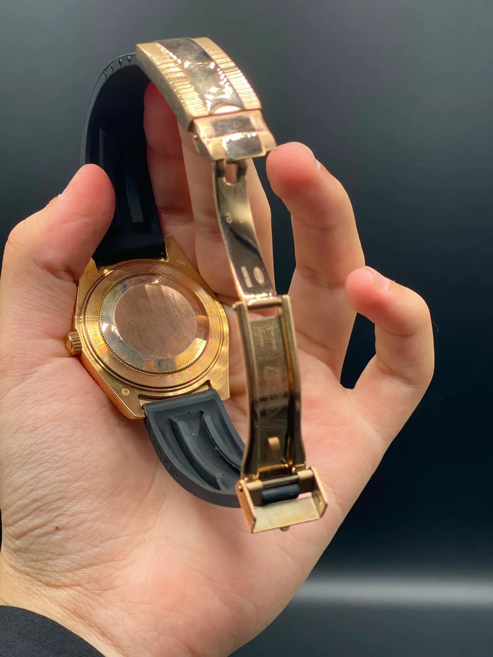 RLX Black Oysterflex Band With White And Rose Gold Dial Sky-Dweller Style Automatic Watch