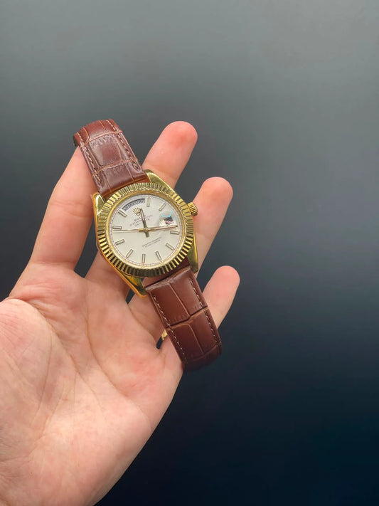 RLX Brown Leather Strap With White Dial And Golden Bezel Day-Date Automatic Watch
