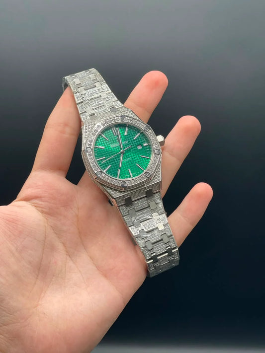 AP Silver Diamond Chain With Green Dial And Diamond Bezel Automatic Watch