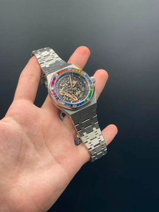 AP Silver Chain With Black Skeleton Dial And Rainbow Bezel Automatic Watch