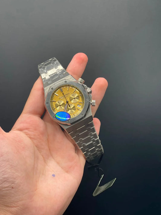 AP Silver Chain With Yellow Chronograph Dial Quartz Watch