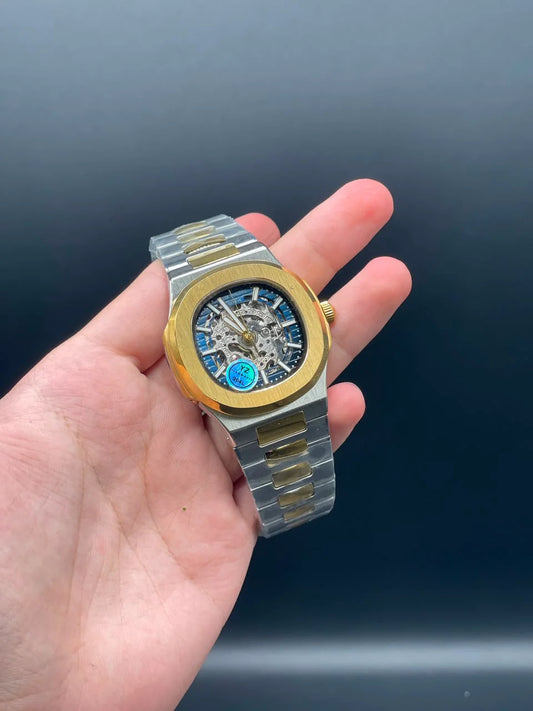 PP Two Tone Chain With Blue Skeleton Dial Automatic Watch