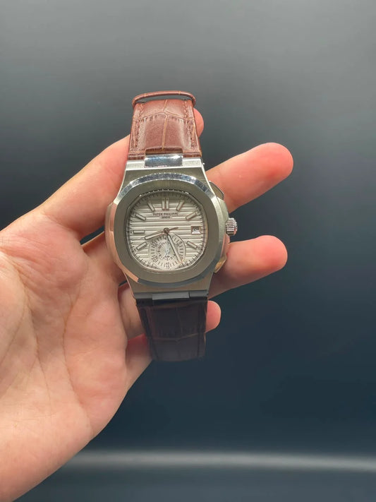 PP Brown Strap With White Chronograph Dial Automatic Watch