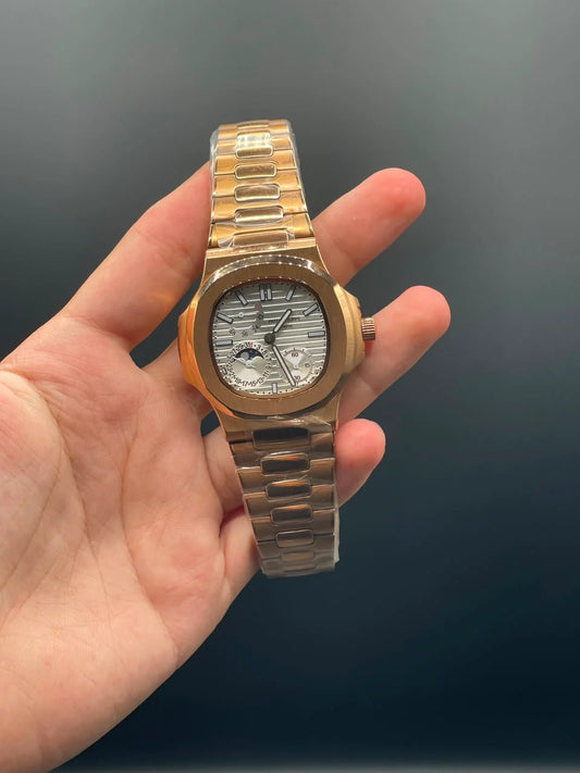 PP Rose Gold Chain With White Power Reserve Dial Automatic Watch