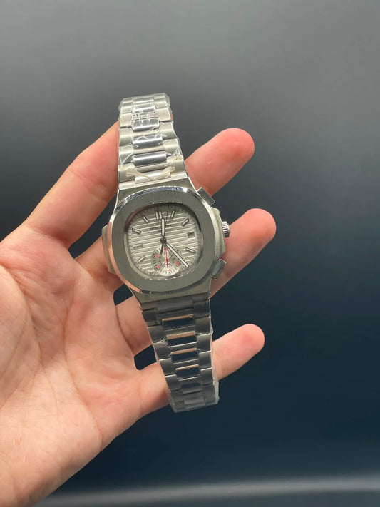 PP Silver Chain With White Chronograph Dial Automatic Watch