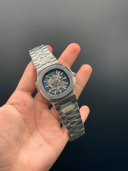 PP Silver Chain With Blue Skeleton Dial Automatic Watch