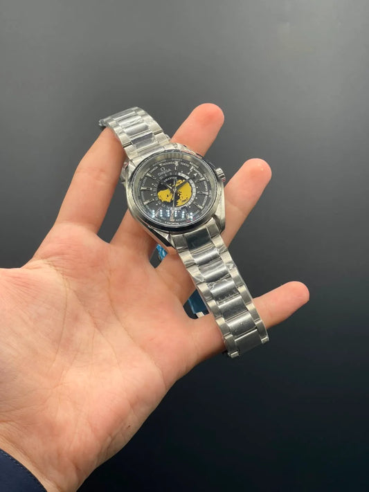 OM Silver Chain With Black Planet Dial Automatic Watch