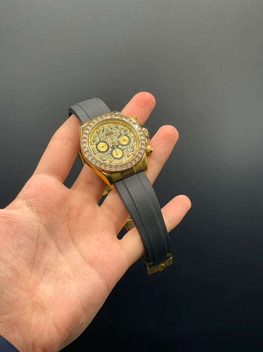 RLX Black Strap With Golden Diamond Dial And Diamond Bezel Automatic Watch
