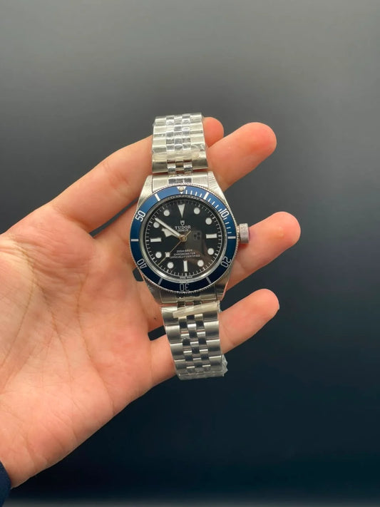 TDR Silver Chain with Black Dial and Blue Rotatable Bezel Automatic Watch