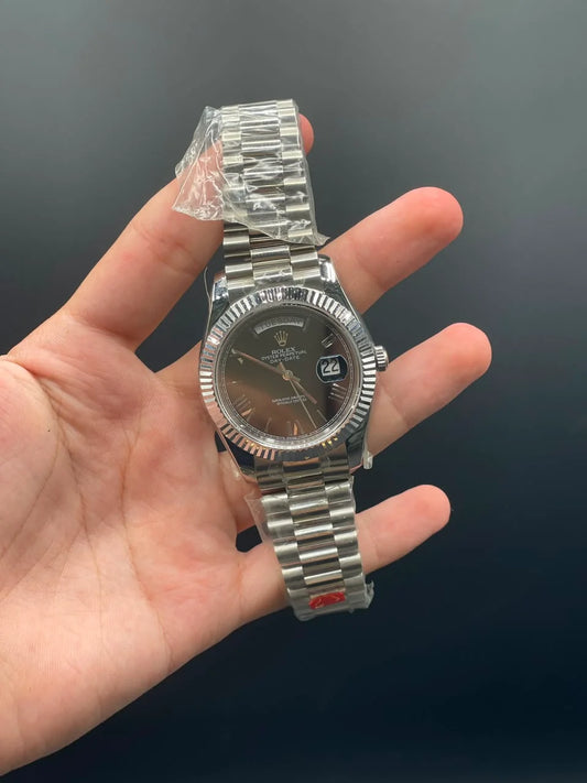 Silver Presidential Chain with Black Day-Date Dial Automatic Watch