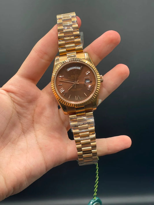 Rose Gold Presidential Chain with Chocolate Day-Date Dial and Roman Indices Automatic Watch