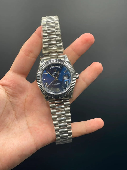 Silver Presidential Chain with Blue Day-Date Dial and Roman Indices Automatic Watch