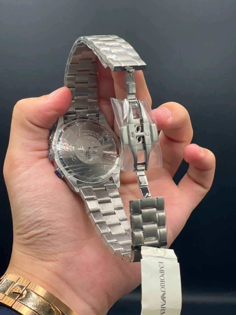Emporio Armni Silver Chain with Green Chronograph Dial and Smooth Bezel Quartz Watch