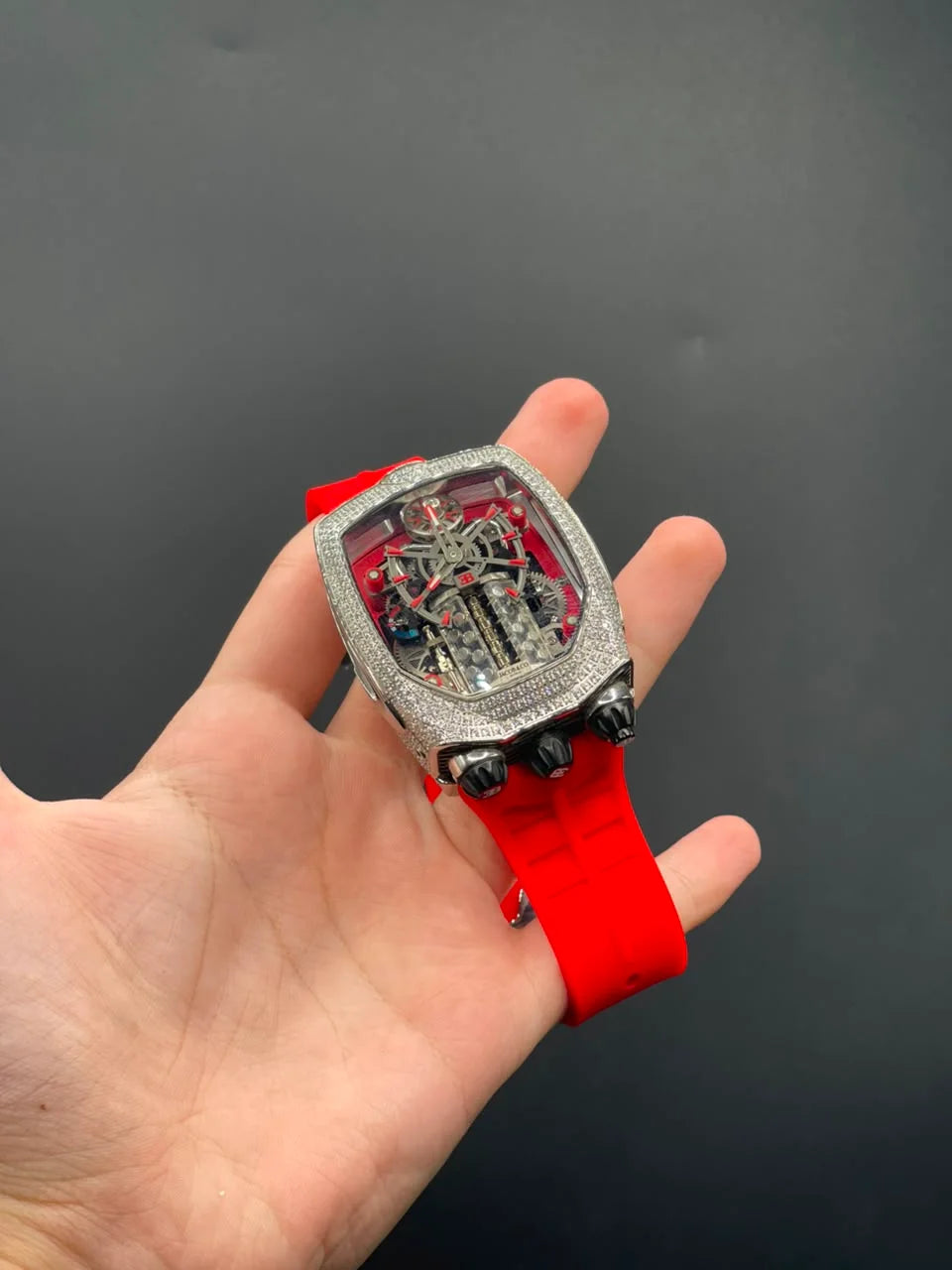 Jacob Red Strap With Engine Dial With Diamond Bezel Automatic Watch