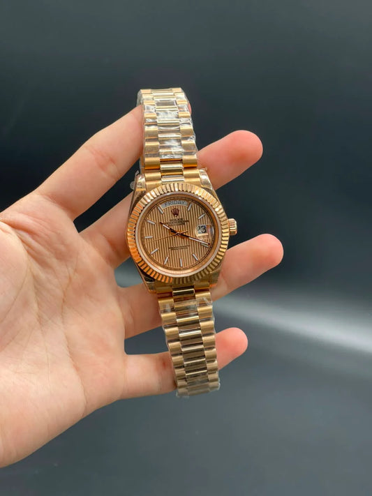 Rlx Rose Gold Presidential Chain With Salmon Textured Day-Date Dial Automatic Watch