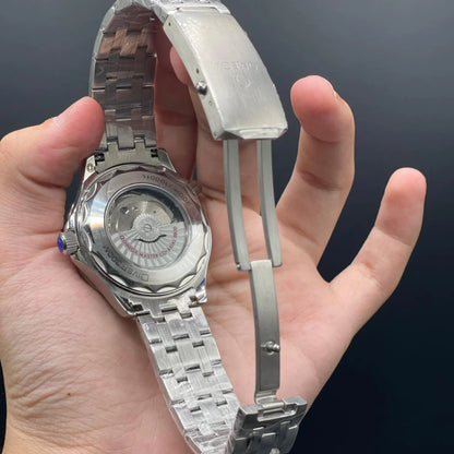 OM Silver Chain With Blue Dial And Blue Rotatable Bezel Automatic Watch