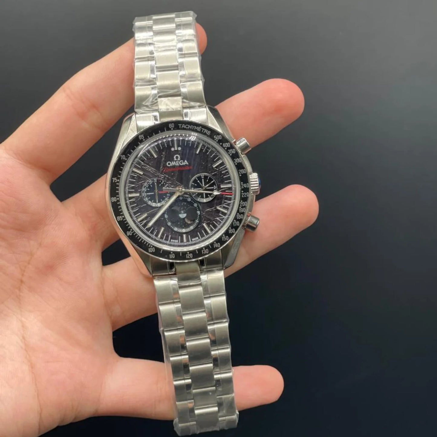 OM Silver Chain With Black Chronograph Dial Automatic Watch