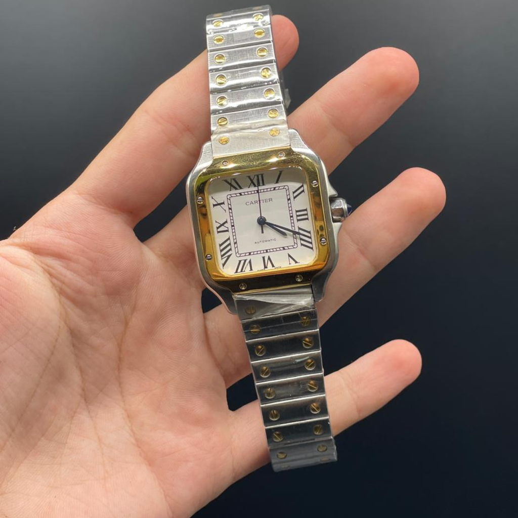 CTR Silver Chain With White Dial And Gold Bezel Santos Style Automatic Watch