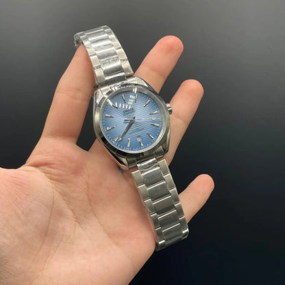 OM Silver Chain With Sky Blue Dial Automatic Watch
