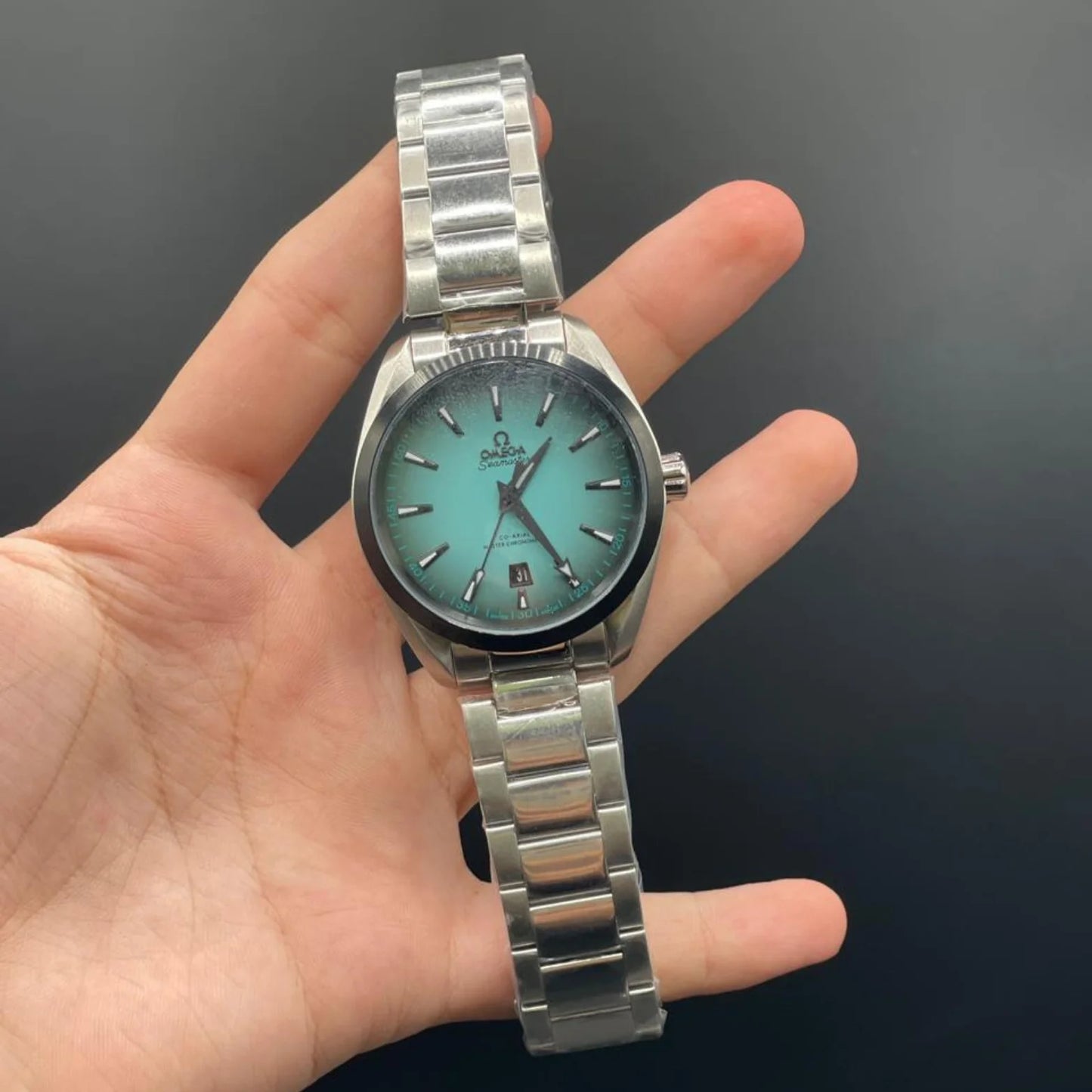 OM Silver Chain With Gradient Blue Automatic Watch