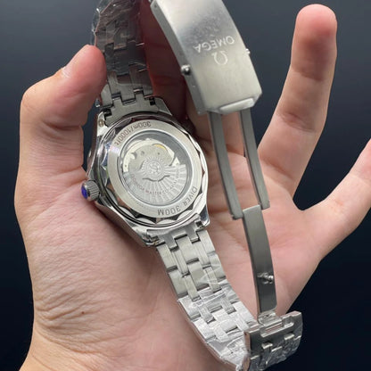 OM Silver Chain With Gray Dial And Blue Rotatable Bezel Automatic Watch