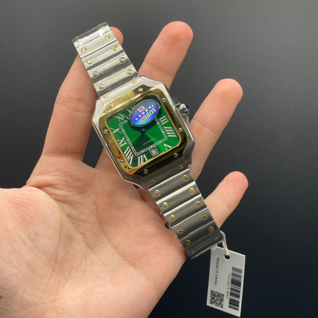 CTR Silver Chain With Green Dial And Gold Bezel Santos Style Automatic Watch
