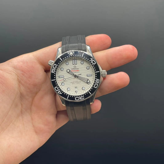 OM Black Strap With White Dial And Black Rotatable Bezel Automatic Watch