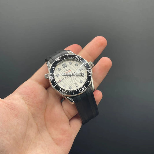 OM Black Strap With White Dial And Black Rotatable Bezel Automatic Watch