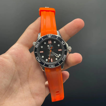 OM Orange Strap With Black Dial And Black Rotatable Bezel Automatic Watch