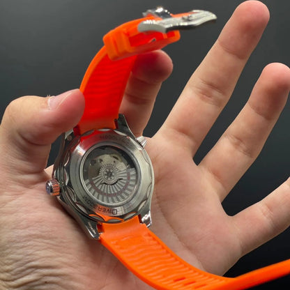 OM Orange Strap With Black Dial And Black Rotatable Bezel Automatic Watch