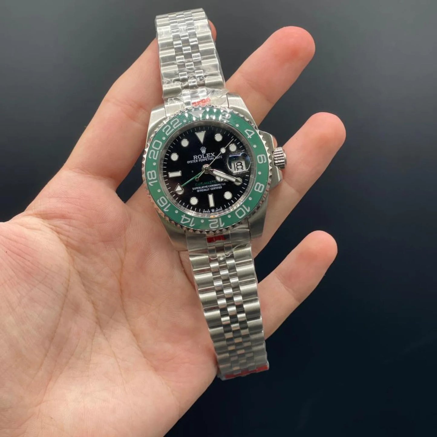 RLX Silver Jubilee Chain With Black Dial And Green Rotatable Bezel Automatic Watch