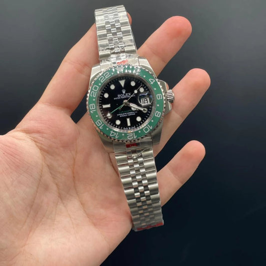 RLX Silver Jubilee Chain With Black Dial And Green Rotatable Bezel Automatic Watch