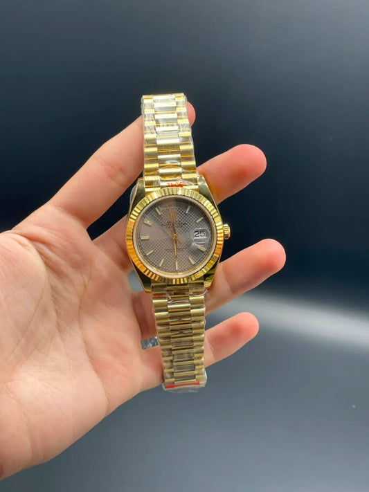 Rlx Golden Presidential Chain With White Textured Day-Date Dial Automatic Watch