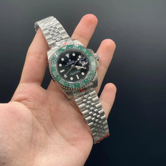 RLX Silver Jubilee Chain With Black Dial And Green Rotatable Bezel Automatic Watch